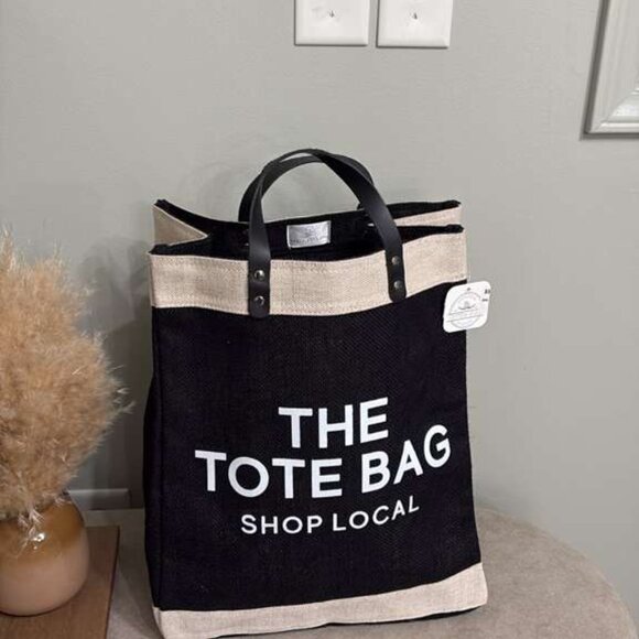 NWT "THE TOTE BAG" Shop Local Jute Canvas Black & Tan Shoulder Bag - Picture 3 of 10